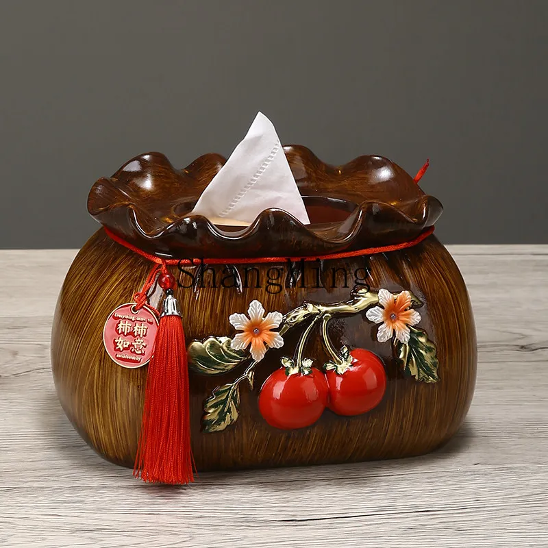 

FG New Chinese Creative Persimmon Tissue Box Living Room Coffee Table High-end Ceramic Household Restaurant Paper Box