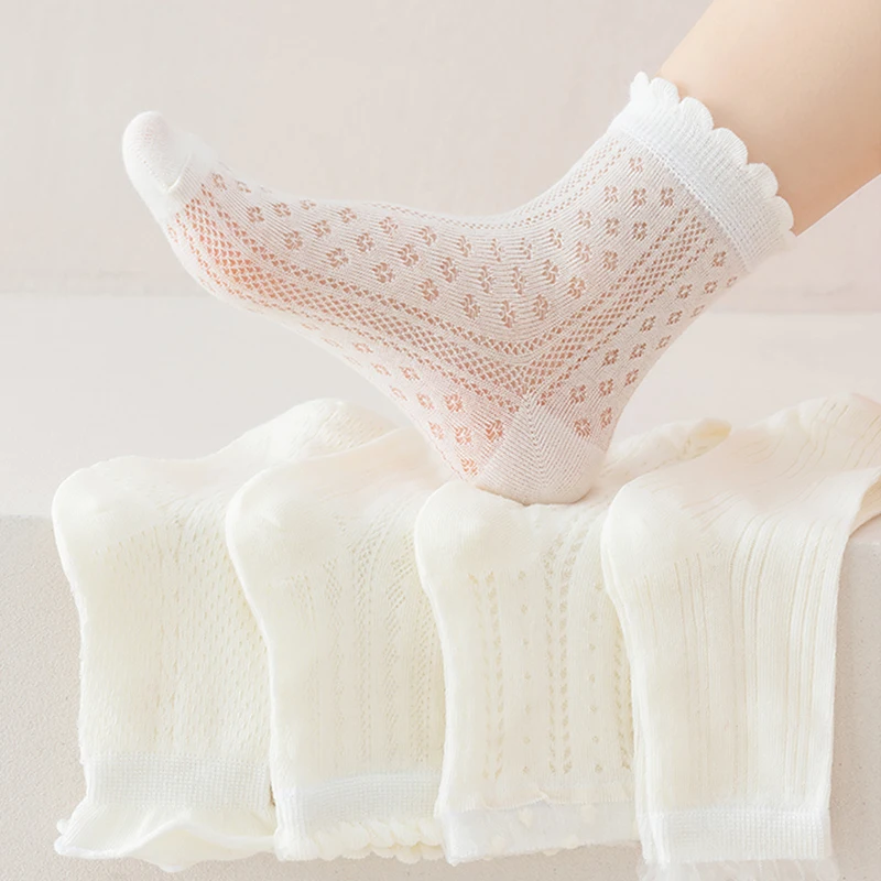 5 pares de calcetines blancos a media pantorrilla para niñas con líneas simples calcetines informales de malla de algodón transpirables para niños