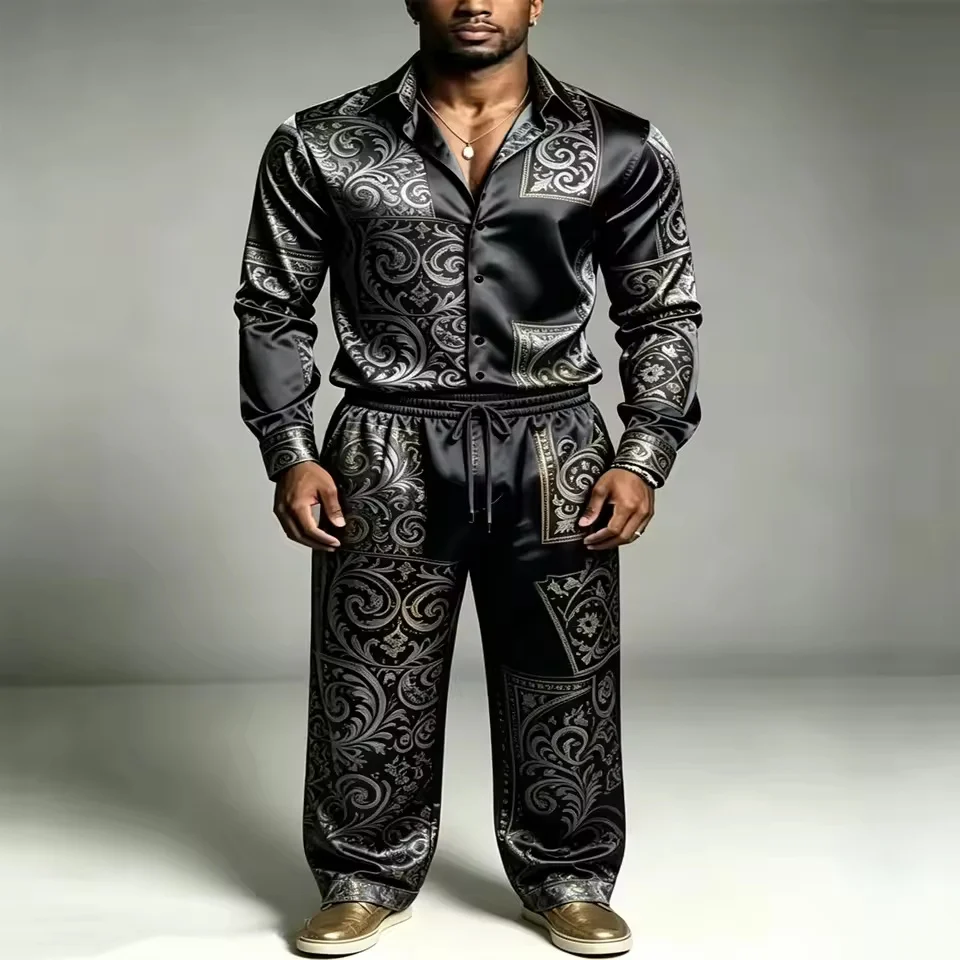 New Men's Two Piece Satin Silk Set Long Sleeve Paisley Printed Shirt and Elastic Waist Pants High end Gold Party Wedding Casual view 4