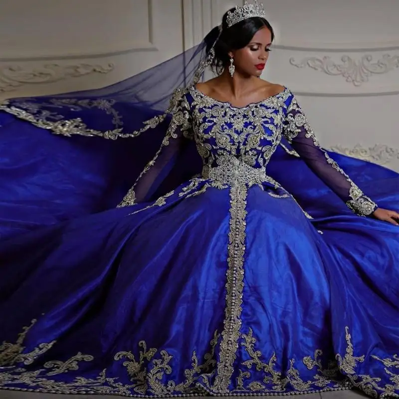 Royal Blue Arabic Traditional Wedding Gowns With Gold Lace Appliqued Long Sleeves kaftan caftan Turkey Bridal Dresses Vesti