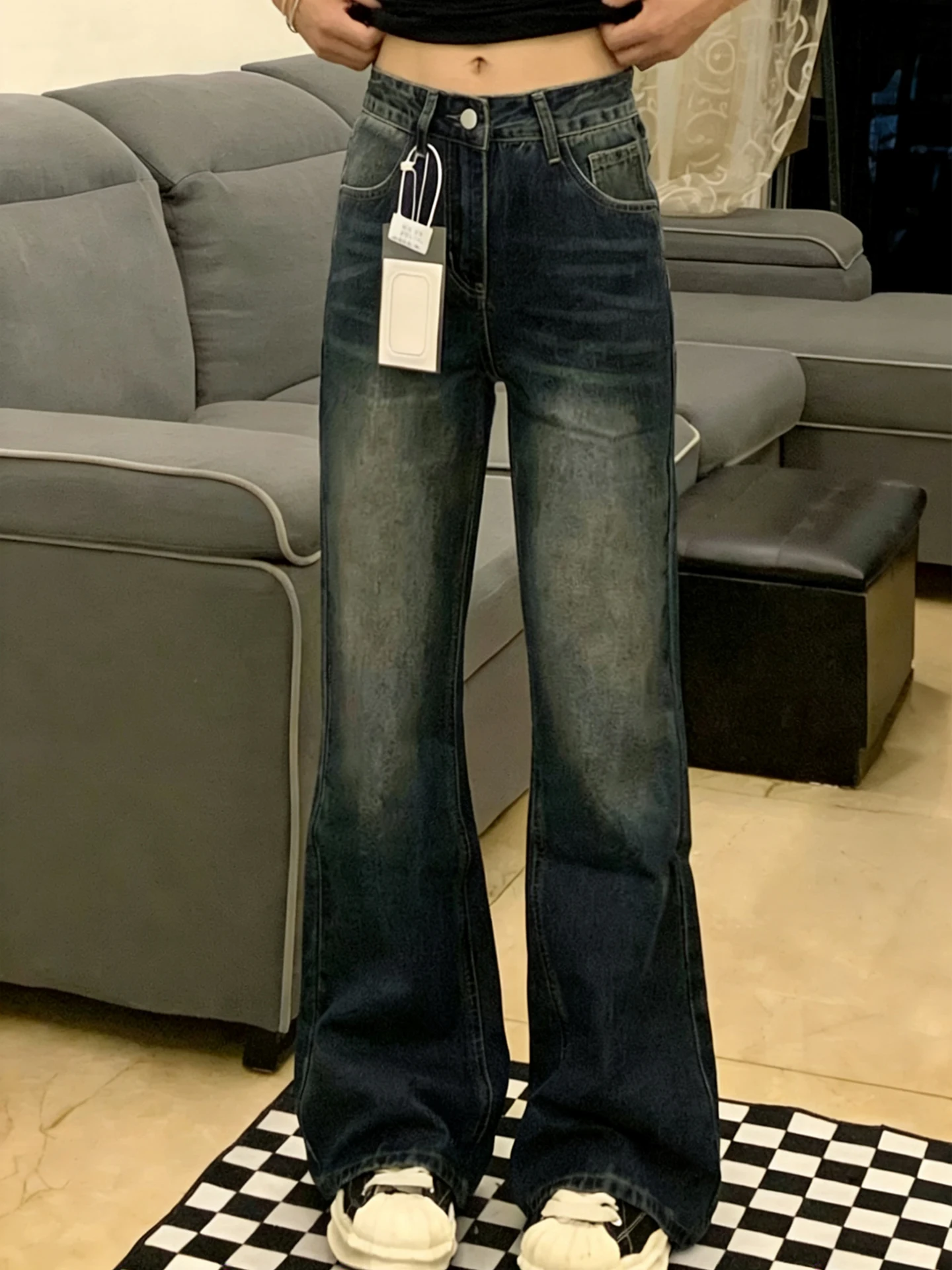 

Мужские джинсы Deep Blue с высокой талией, зауженные, удлиненные, расклешенные, в американском ретро-стиле, прямые брюки, повседневная молодежная одежда