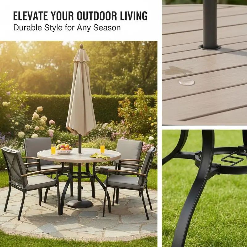 Exterior Terrace Meal Surface 41-inch Circular Timber-Grain Metal Lath Garden Veranda Beverage Desk Quartet Seating Capacity 1.5-inch Parasol Aperture All-Season Lawn Courtyard Furniture Gray Noun Selection