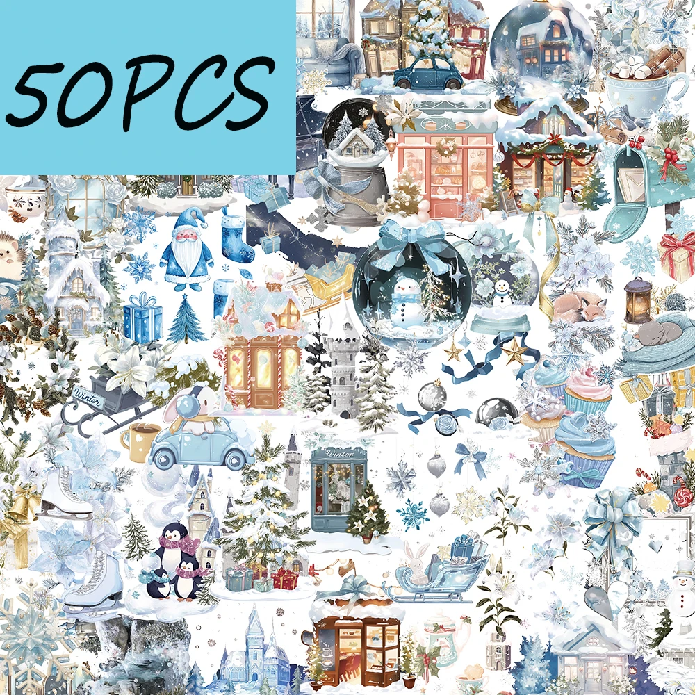 

50 шт. изысканных зимних акварельных наклеек, подходящих для украшения конвертов, чехлов для телефонов, гитар, водонепроницаемые наклейки из ПЭТ.