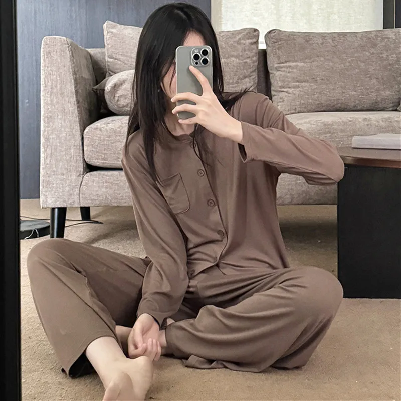 Korean Pajamas Set Cotton Knitted Long Sleeve Buttons Shirt Pant Suit Lounge Wear Women Nightwear Home Clothing Pyjama Damen