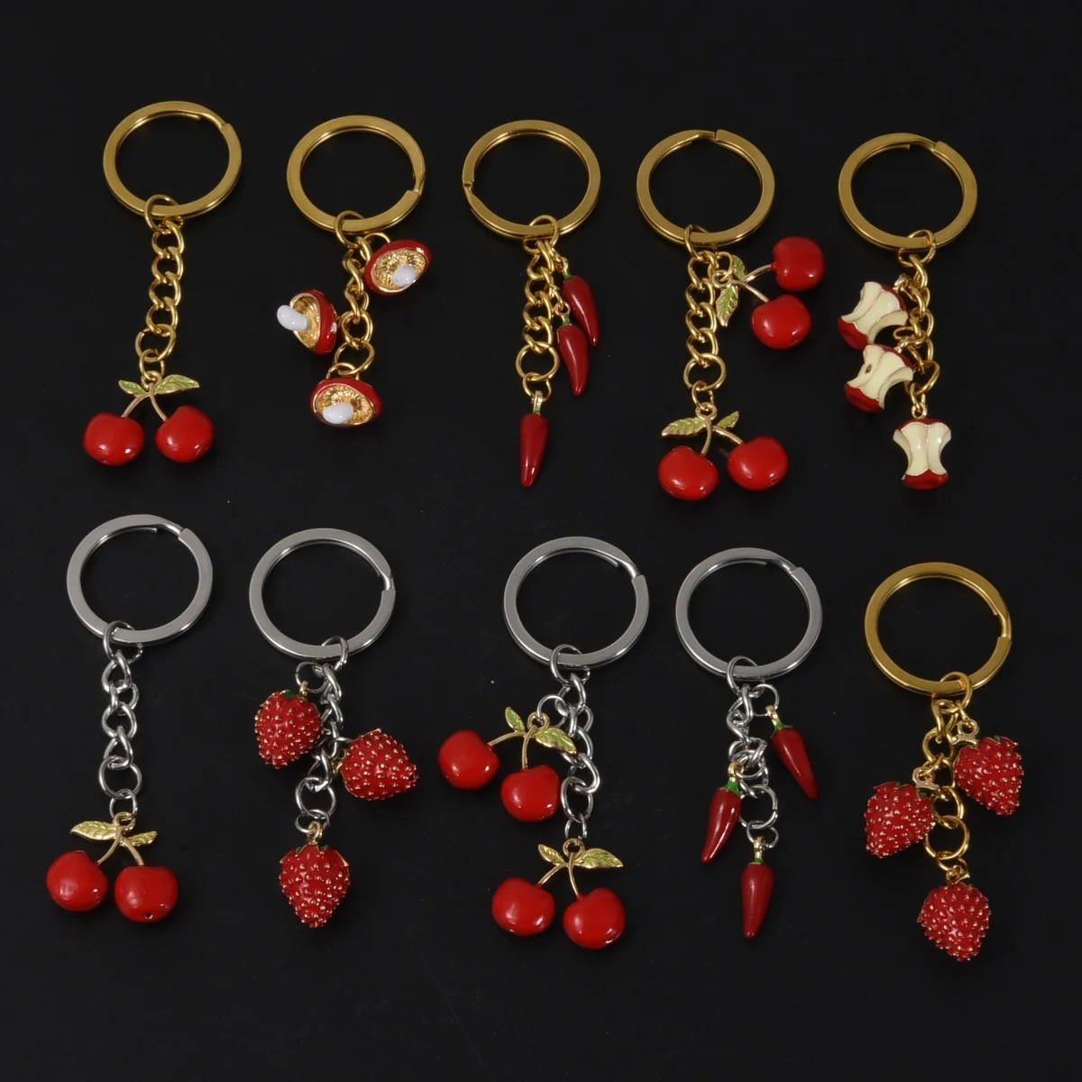 

Vintage Italian Red Horn Keychain Red Enamel Chili Fruit Strawberry Cherry Mushroom Apple Pendants Keyring Jewelry Charms Gifts