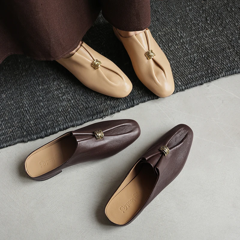 2026 new summer women sandals natural leather plus size 22-25cm soft sheepskin+pigskin pleated mules women slippers fashion