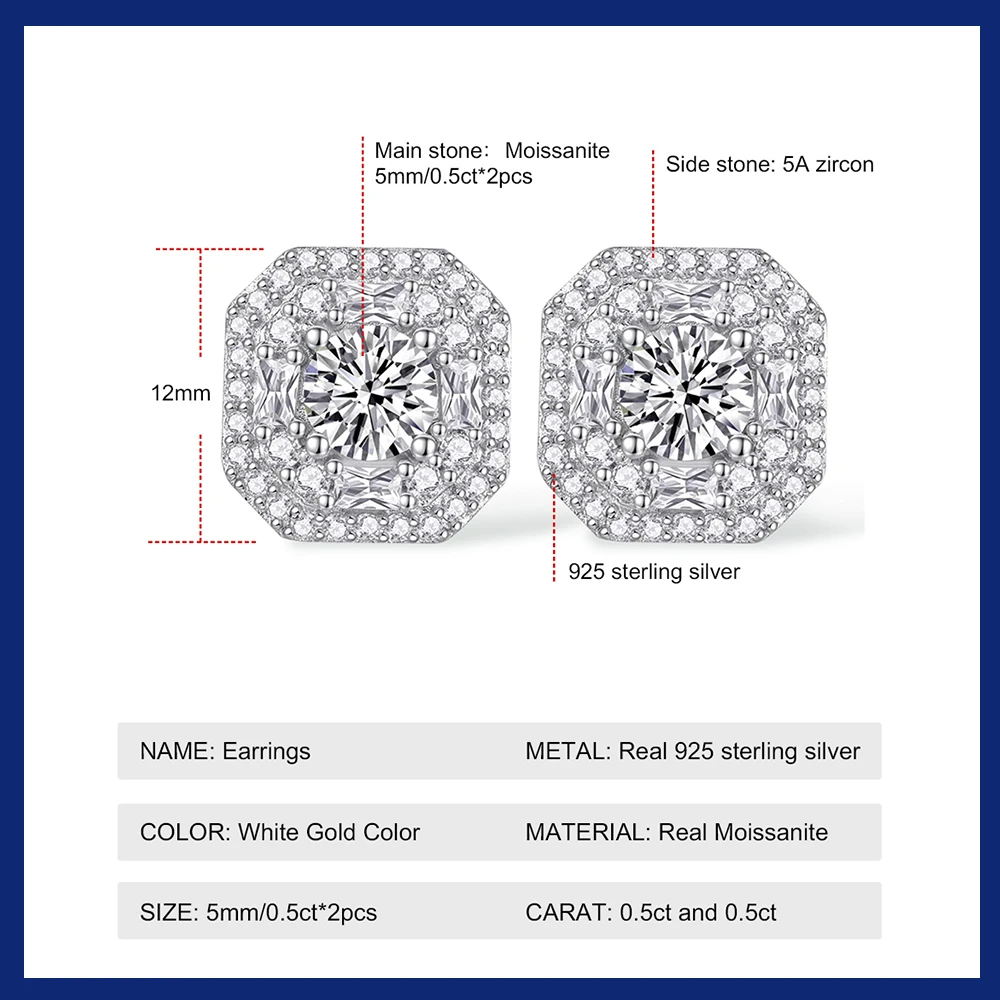 2024 New Moissanite Earrings 18K White Gold Plated 925 Sterling Silver Moissanite Diamond Halo Stud Earrings for Women Girls