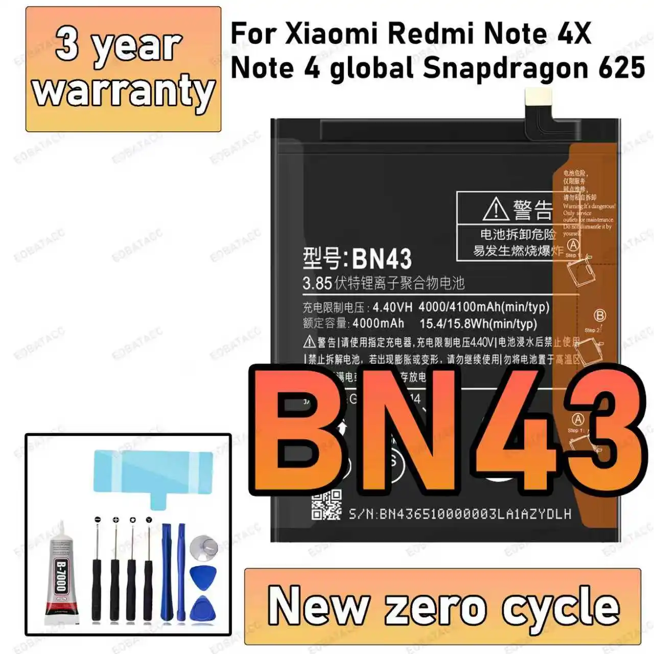 100% New High Quanlity  BN43 Battery 4000mAh For Xiaomi Redmi Note 4X / Note 4 global Snapdragon 625 High Quality Battery +Tools