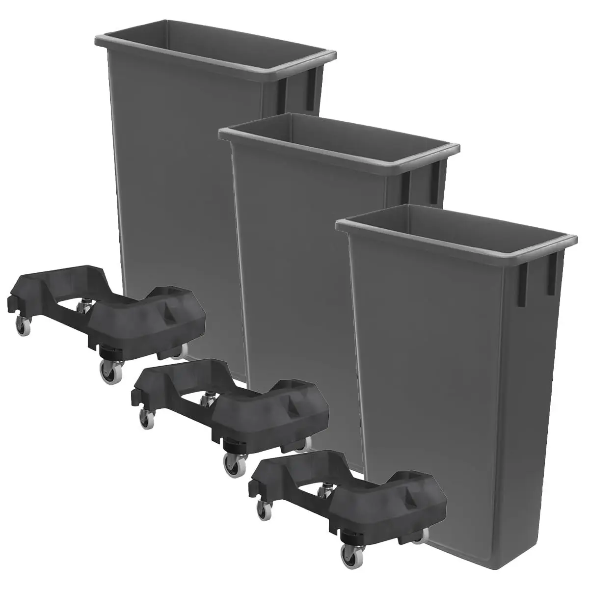 3 Pack 23 Gallon Waste Bin with Dolly, Heavy-Duty Trash Can, Slim Rectangular Garbage Bin, Durable Waste Container, Recycling Bi