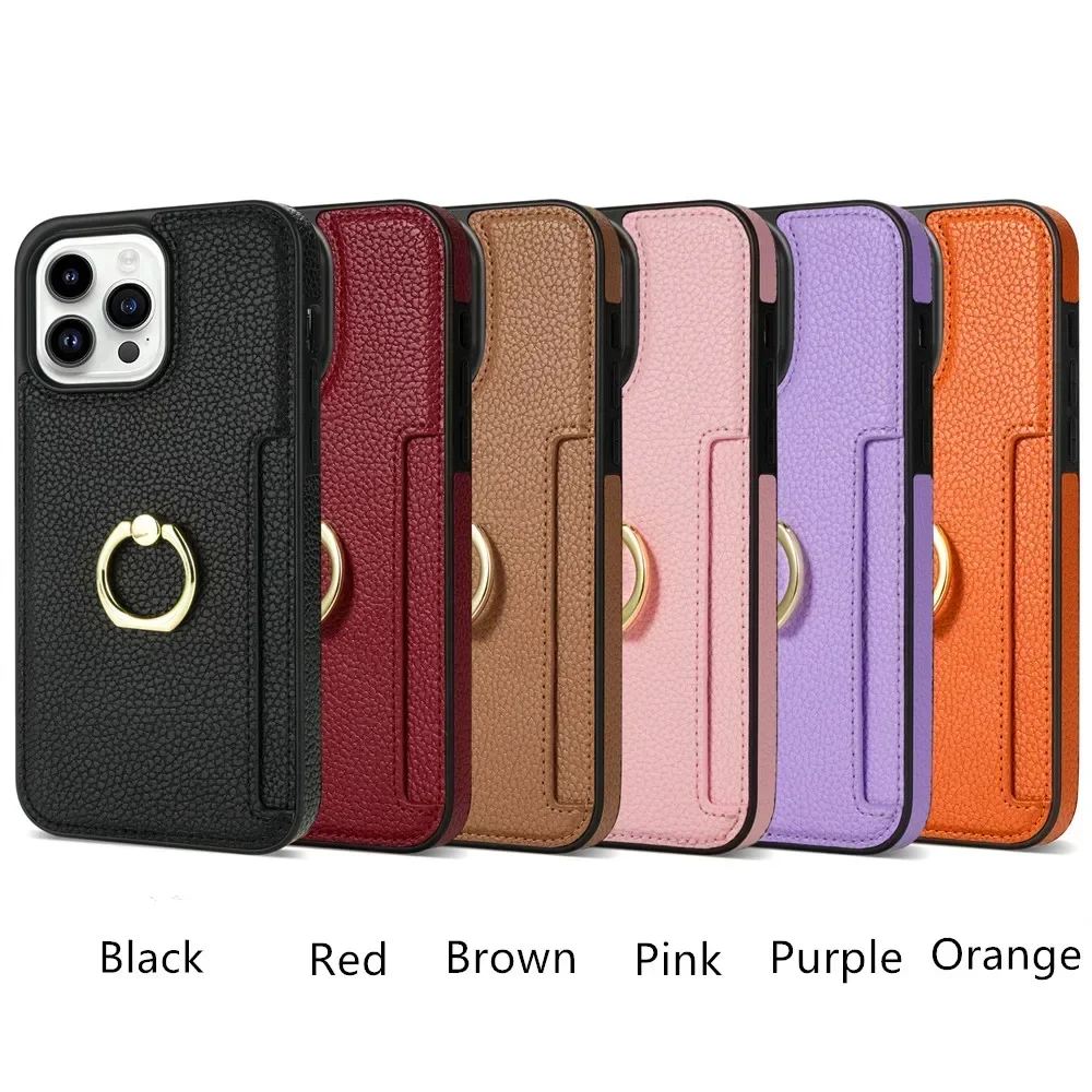 Card Solt Litchi Leather Wallet Case For iPhone 11 12 13 14 15 16 Pro Max 15 Plus Ring Holder Cover For iPhone 15 Pro Soft Cover