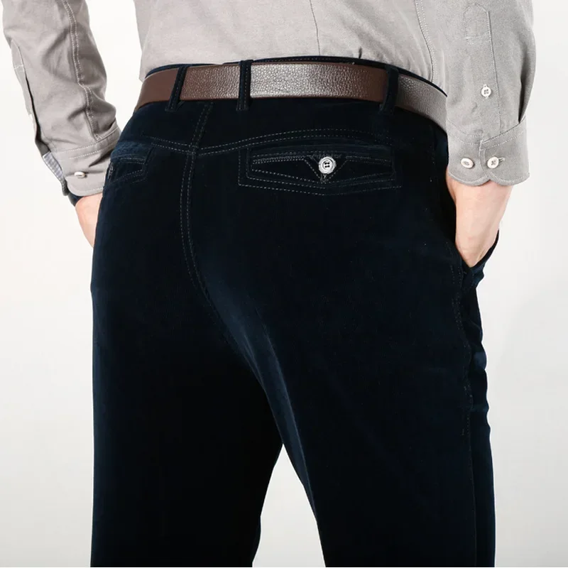 

Classic Straight Loose Corduroy Pants Men Stretch Summer Business Casual Pants Black Khaki Blue Long Trousers