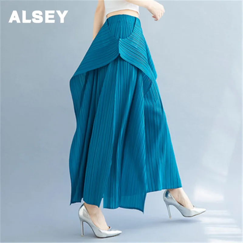 

ALSEY Miyak Pleated Irregular Split Fork Wide Leg Pants Slim Solid Color Elastic Waist Design Casual Women Plus Size Trousers