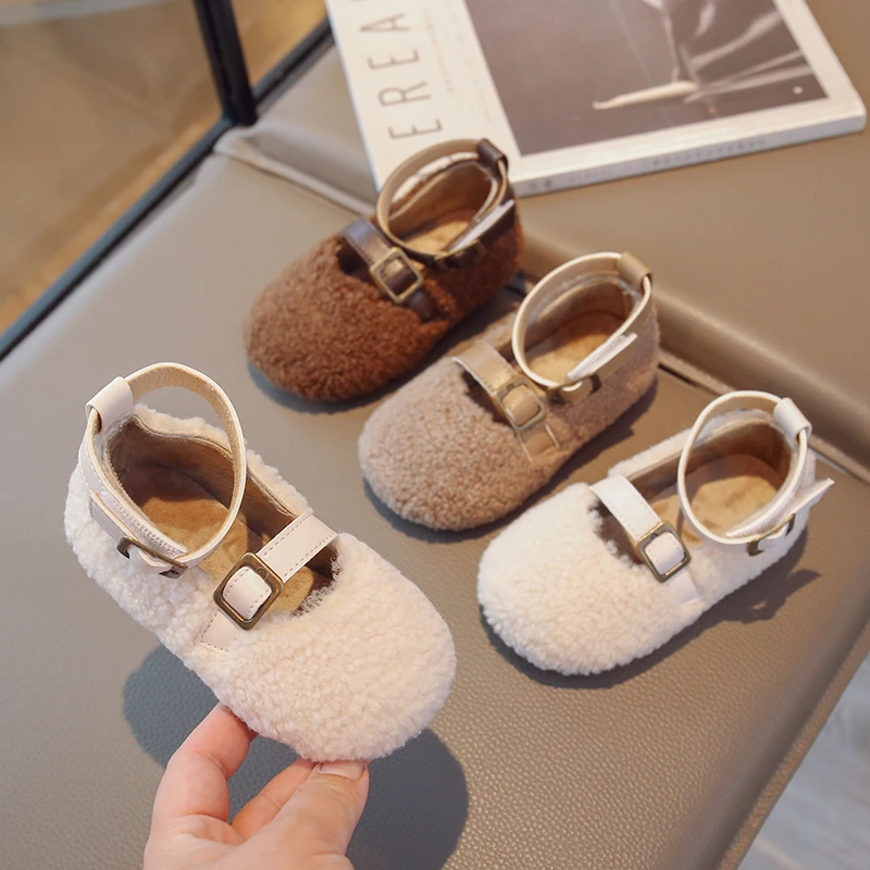 Girl Lamb Wool Cotton Shoes Versatile Fluffy Shoe for Girls Round-toe Children Simple Princess Non-slip Fashion Cotton Shoes