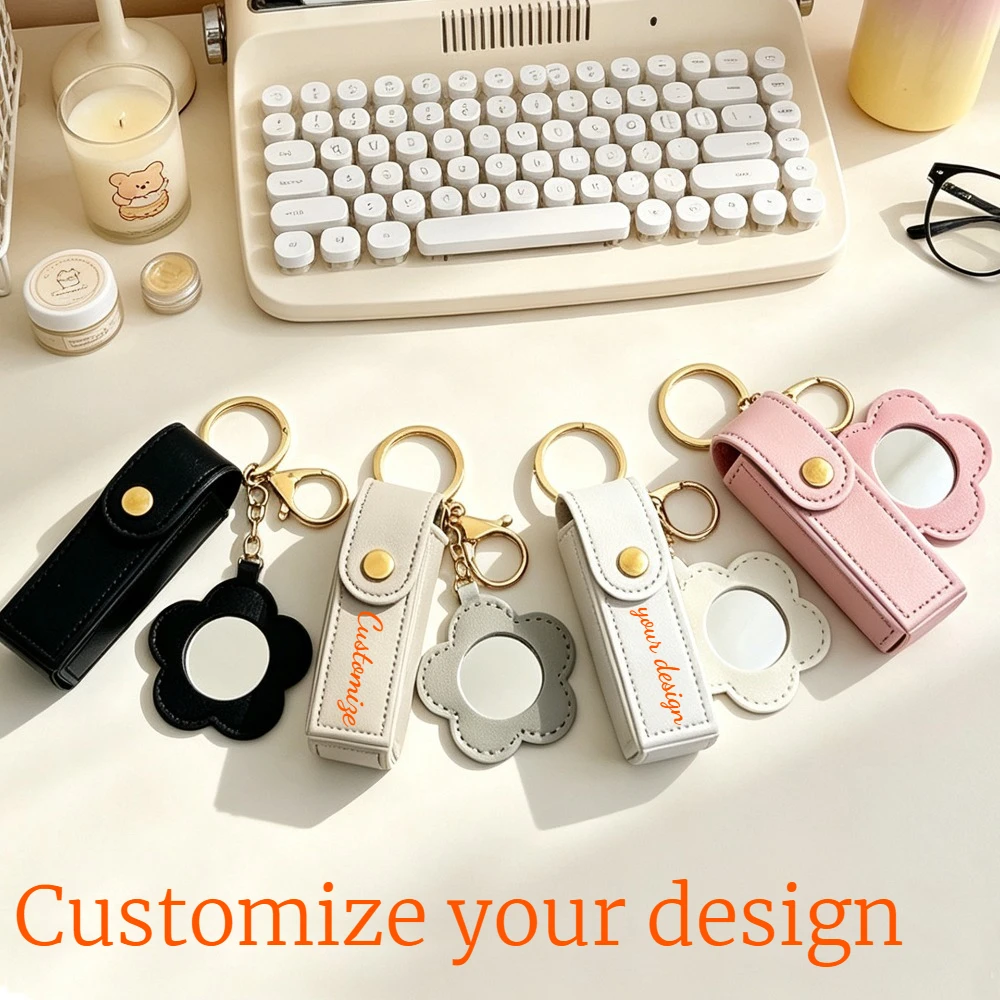 Premium Leather Lipstick Bag Pendant Flower Touch Up Mirror Keychain Pendant Girl's Portable Creative and Simple Small Gift