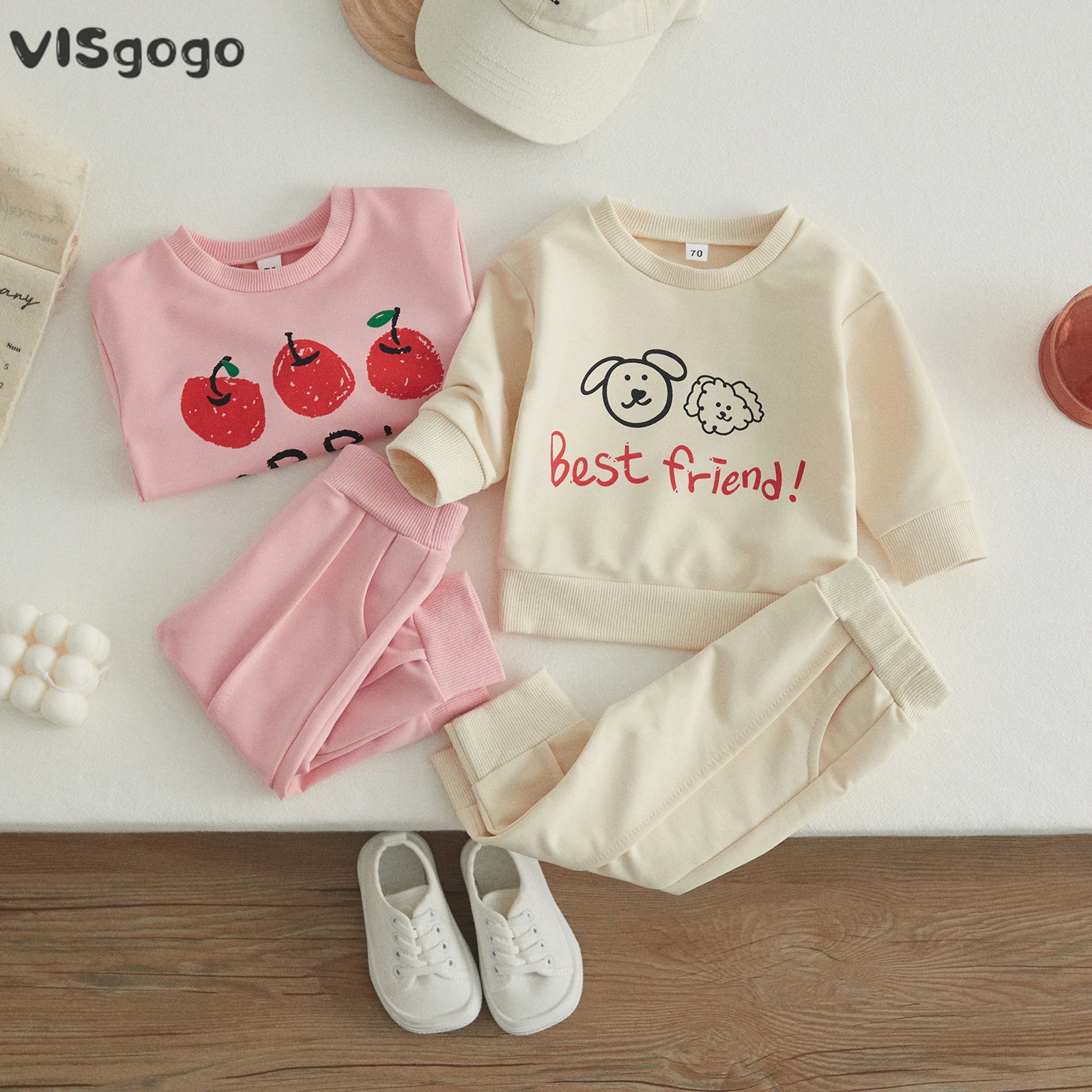 VISgogo Infant Baby Girls Clothes Outfits Letter Animal Head/Apple Print Round Neck Long Sleeve Tops + Elastic Waist Long Pants