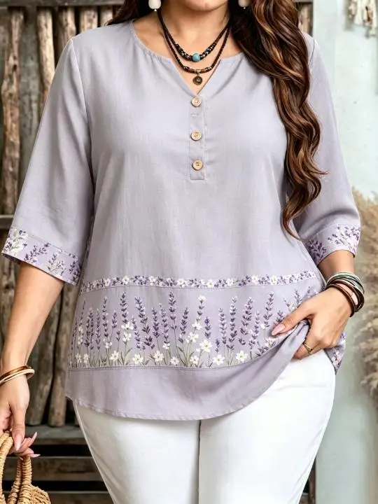 Women Boho Hem & Cuff Placement Floral Print Blouse For Curvy Figures Notched Neck 3/4 Sleeve Loose Vintage Daily Tops
