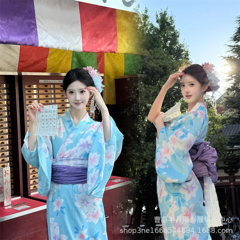 New Japanese Kimono Women's Dress Improved Blue Will Wear Japanese Yukata Photo God Girl Photography Clothing