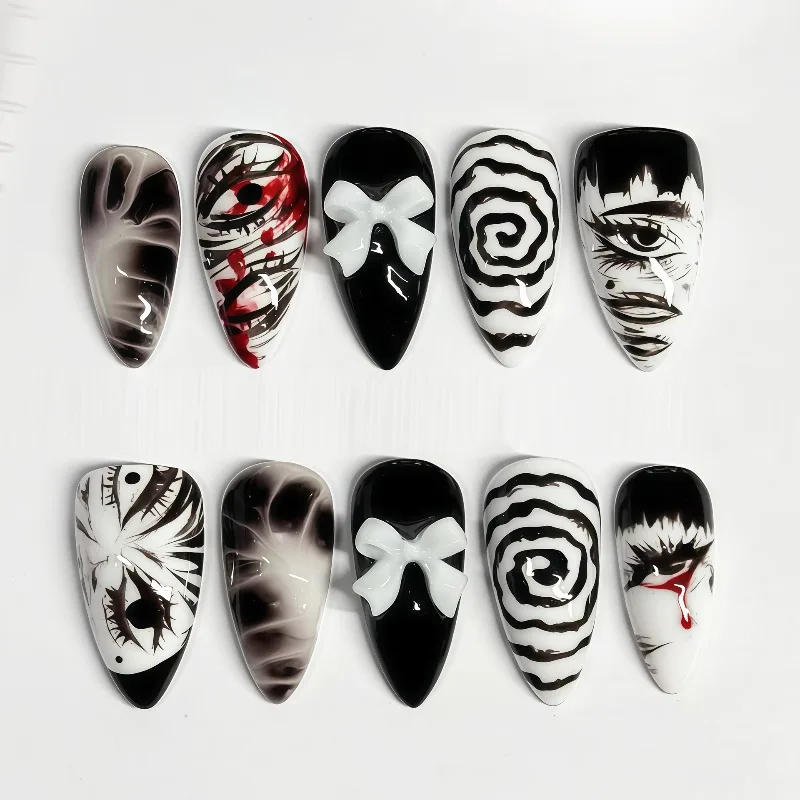 24 Uñas Postizas Góticas Grunge Almond Press-On Negras con Diseño de Ojo de Horror Manga, Espiral, Cómic, Sangre y Lazo 3D, Cobertura Completa, Fáciles de Usar