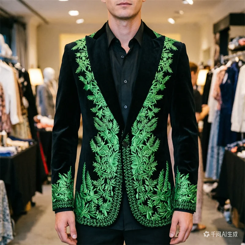 Men Black Velvet Blazers with Vibrant Green Embroidered Floral Pattern, Perfect for Stage Performances & Wedding , Party Events