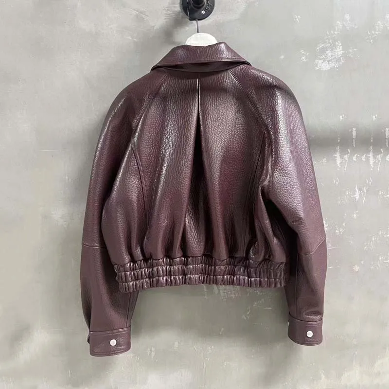 Women's Goatskin Biker Jacket - Cropped Burgundy Motorcycle Coat with Lapel Collar Pockets Snap Buttons Genuine Leather Casual