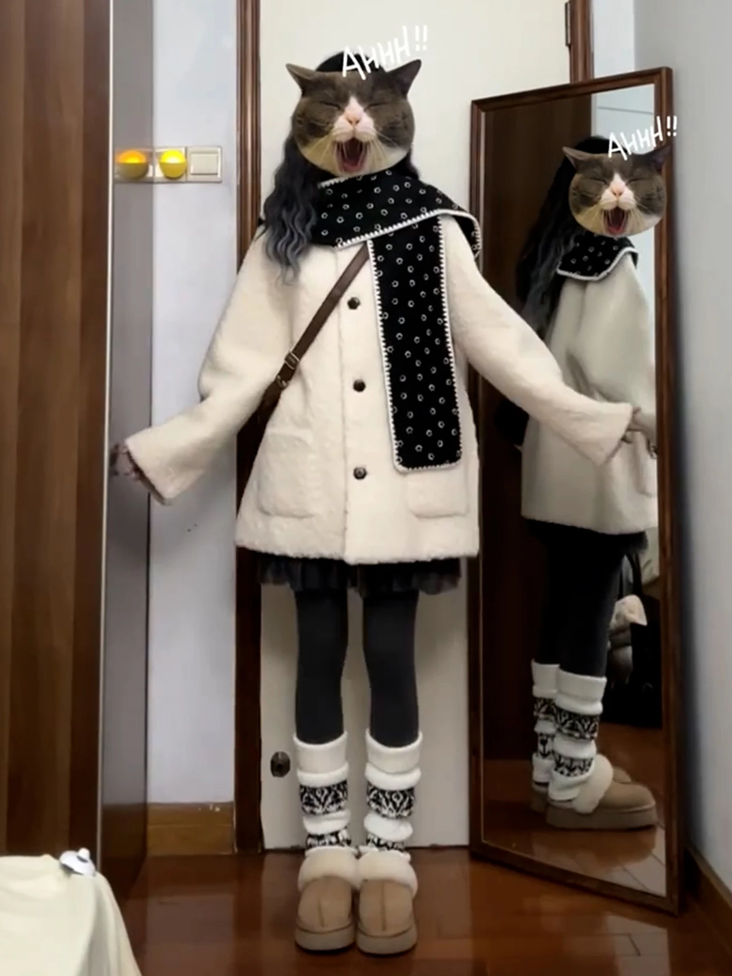 Damski płaszcz z białego futra jagnięcego Thiened, puszysty płaszcz z włókna poliestrowego, słodki okrągły dekolt, długi rękaw, codzienna odzież wierzchnia.