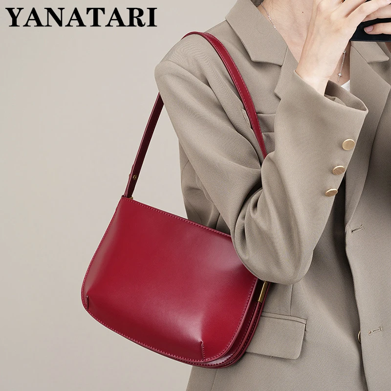 YANATARI-Bolso de hombro rojo de cuero genuino para mujer, bandolera minimalista de cuero de vaca, de lujo, para axila