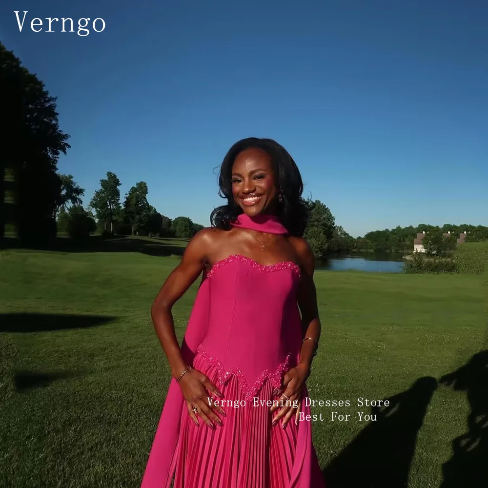 

Verngo Hot Pink Elegant Prom Gowns Strapless A Line Sequined Evening Dress Graceful Modern Pleated Party Dresses Customized