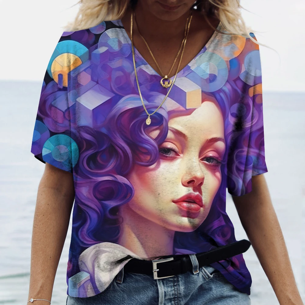 

Funny 3D Beauty Pattern Women's T-Shirts Fashion V-neck Short Sleeve Top Summer Street Hip Hop Tee Fashion Loose Female Clothing