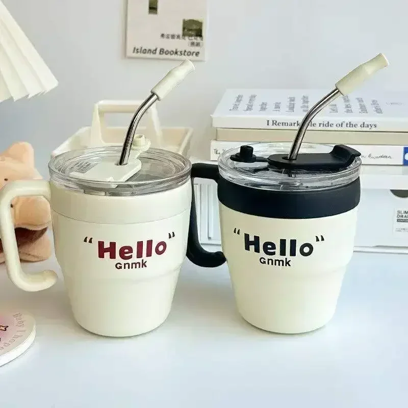 

400ML Coffee Cup Stainless Steel Insulated Cup with Handle Cold Hot Drinks Water Tea Milk Office Portable Bottle with Straw Mugs