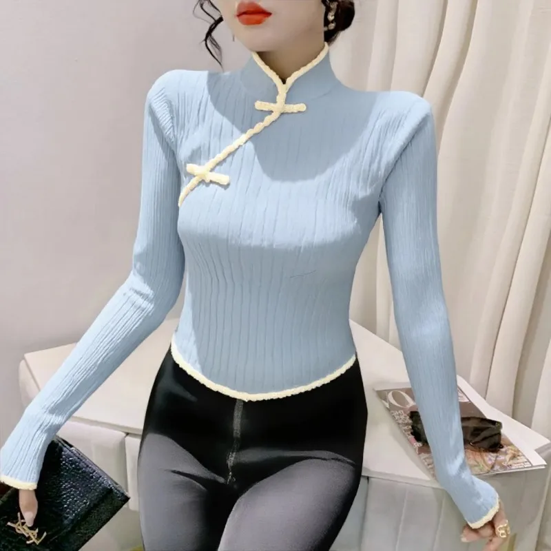 여성용 스웨터 2025 가을 겨울 신상 버튼 숏 롱슬리브 탑 풀오버