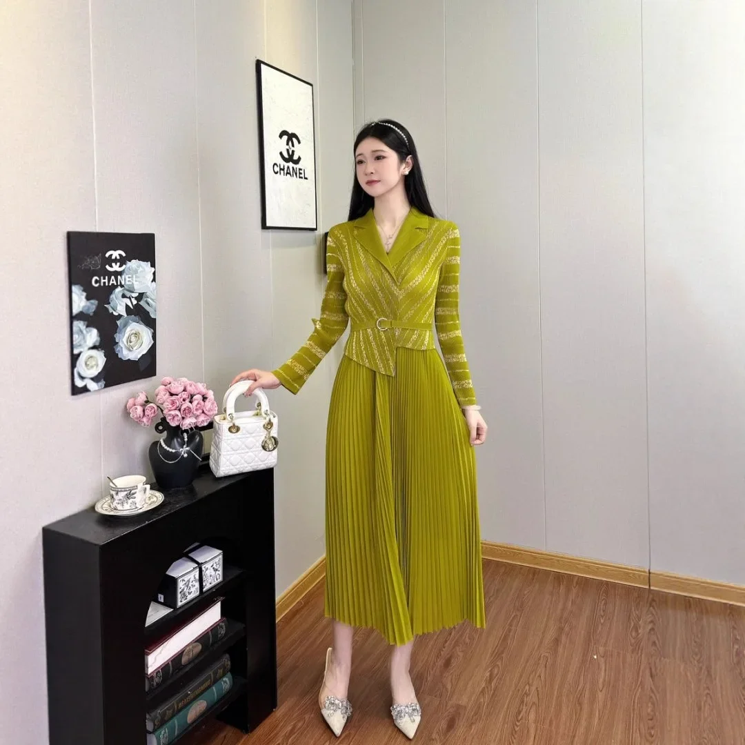 

Miyake Fashion Striped Dress Women's Turn Down Collar High Waist Belt A Line Dresses 2025 Autumn New Arrivals