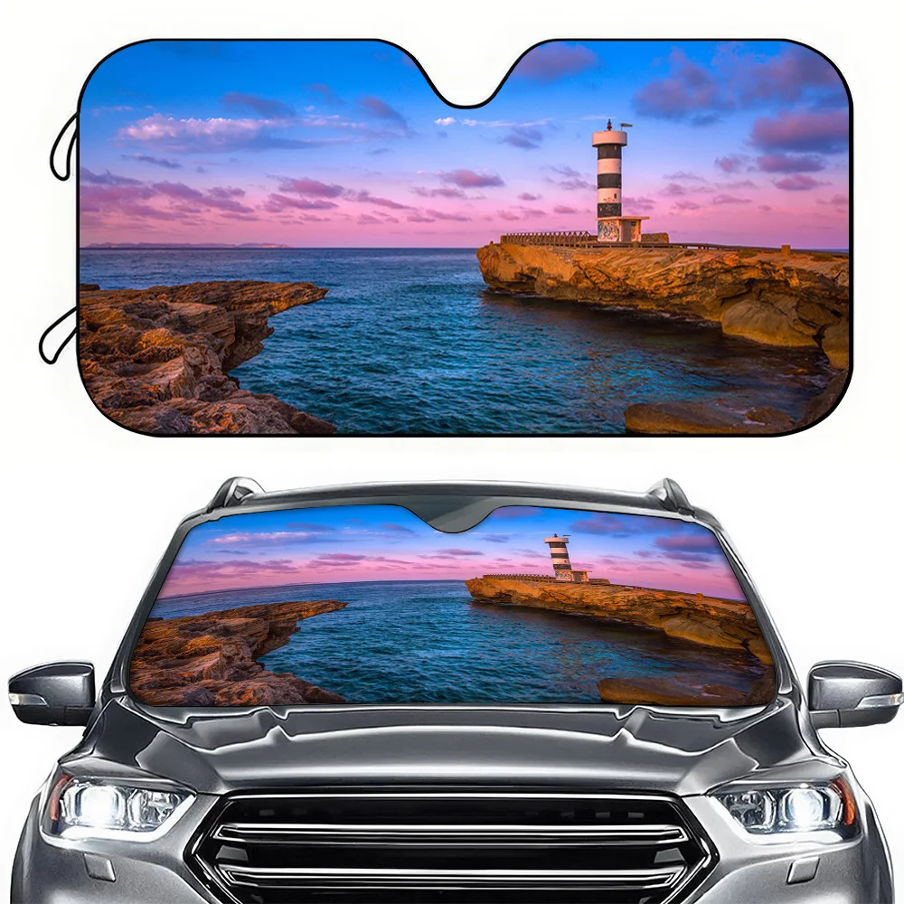 A Car Sunshade Featuring A Coastal Lighthouse At Dusk, Designed To Block Sunlight; Suitable For Rvs And Car Decoration