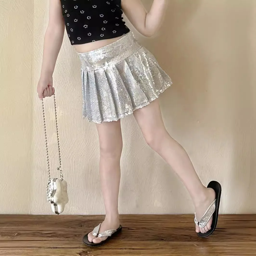 Girl Half Skirt Dress 2024 Summer New Girls Sequin Skirt Korean Style Children Pleated Skirt Anti-slip Skirts Birthday Skirts