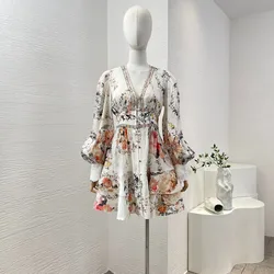 Linen Silk 2024 New Summer White Flower Print Long Lantern Sleeve V-Neck Diamonds Pressed Stretchable Waist At Back Mini Dress