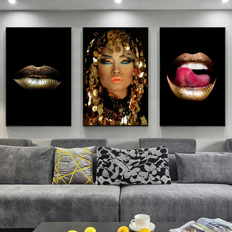 Canvas Painting Nordic Prints Gold Lips Gradient Sexy Home Decor Posters Wall Artwork Modern Bedroom Framework Modular Pictures