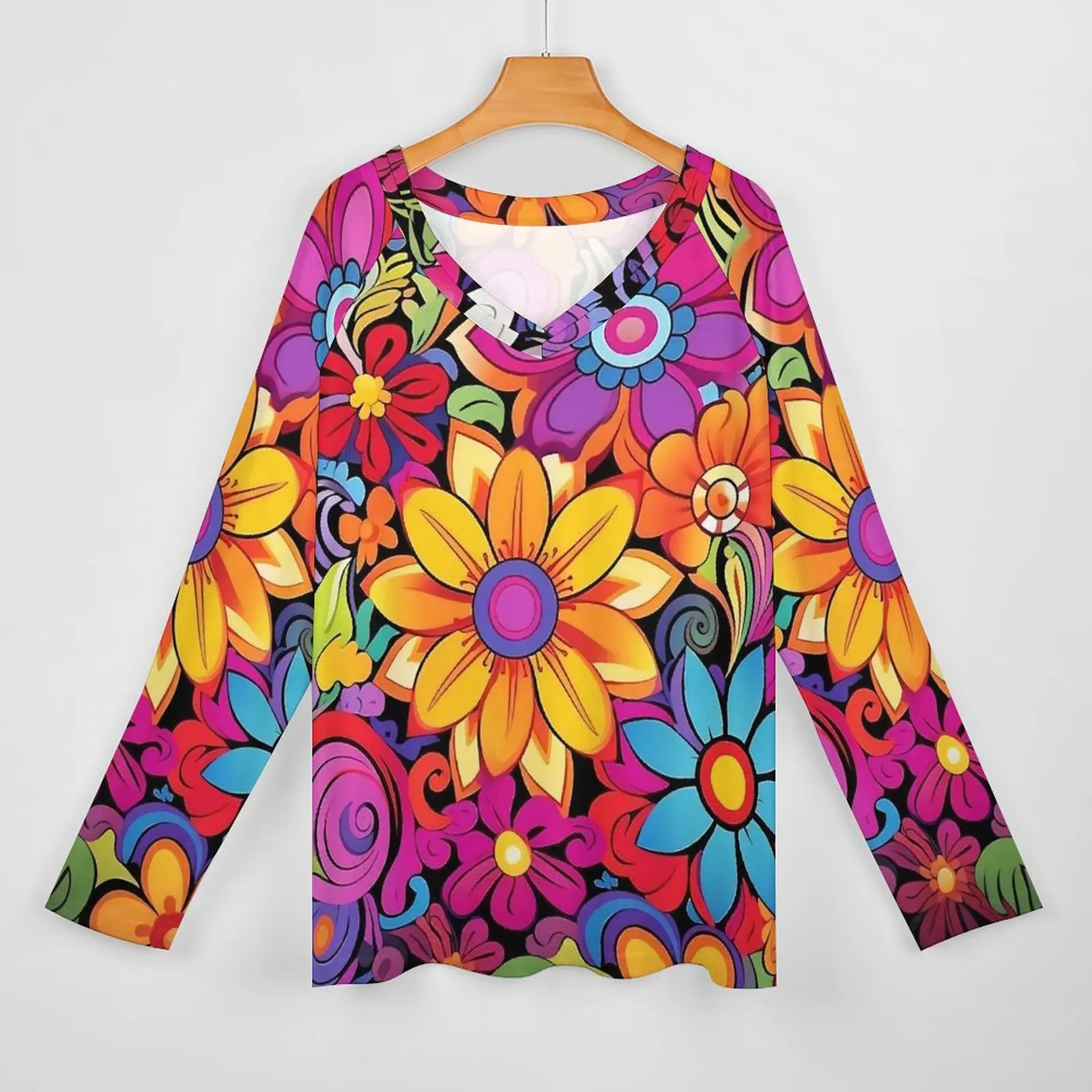 Flower Power T Shirt Psychedelic Floral Modern Long Sleeve T-Shirts Female V Neck Loose Tshirt Oversized Graphic Tees