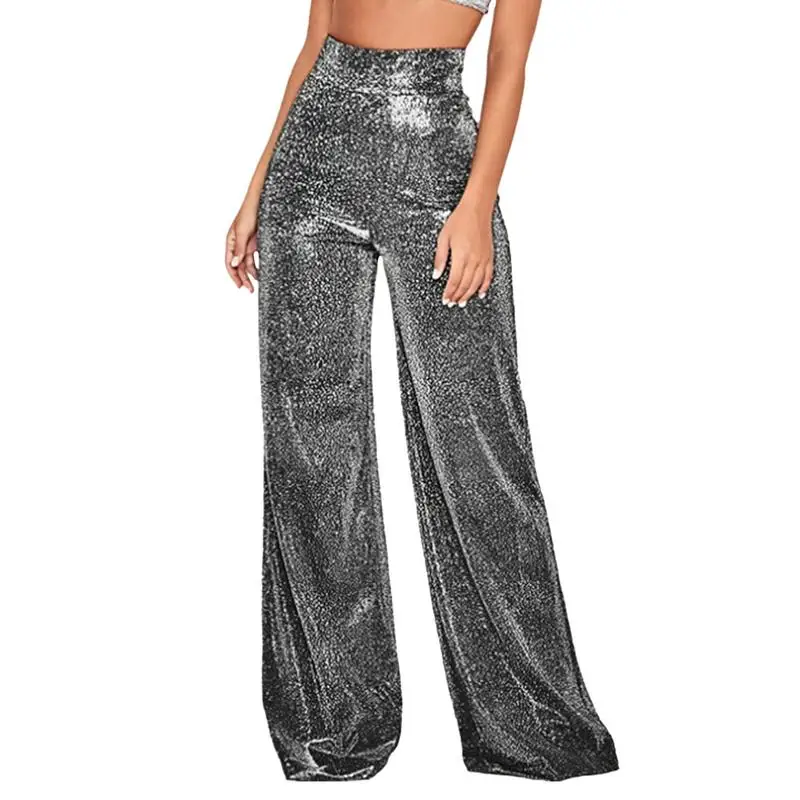 Sparkly Pants For Women Comfortable Casual Trousers Sparkly Wide Leg Pants Back ZipperLoose Flare Bell Bottom Pants Night Out