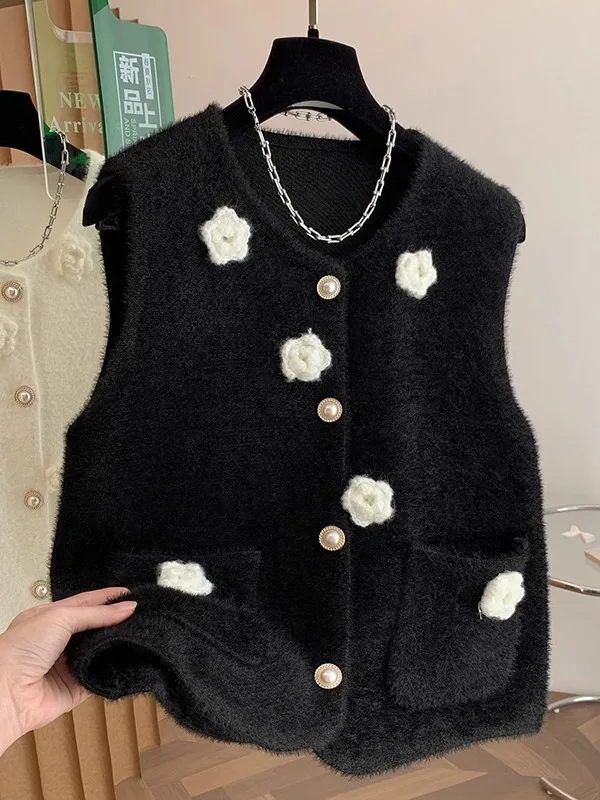 Sweet Color Block 3D Flower Women's Vest Loose Age-Defying Single Button Shoulder Bared Furry Jacket Autumn Winter Outerwear