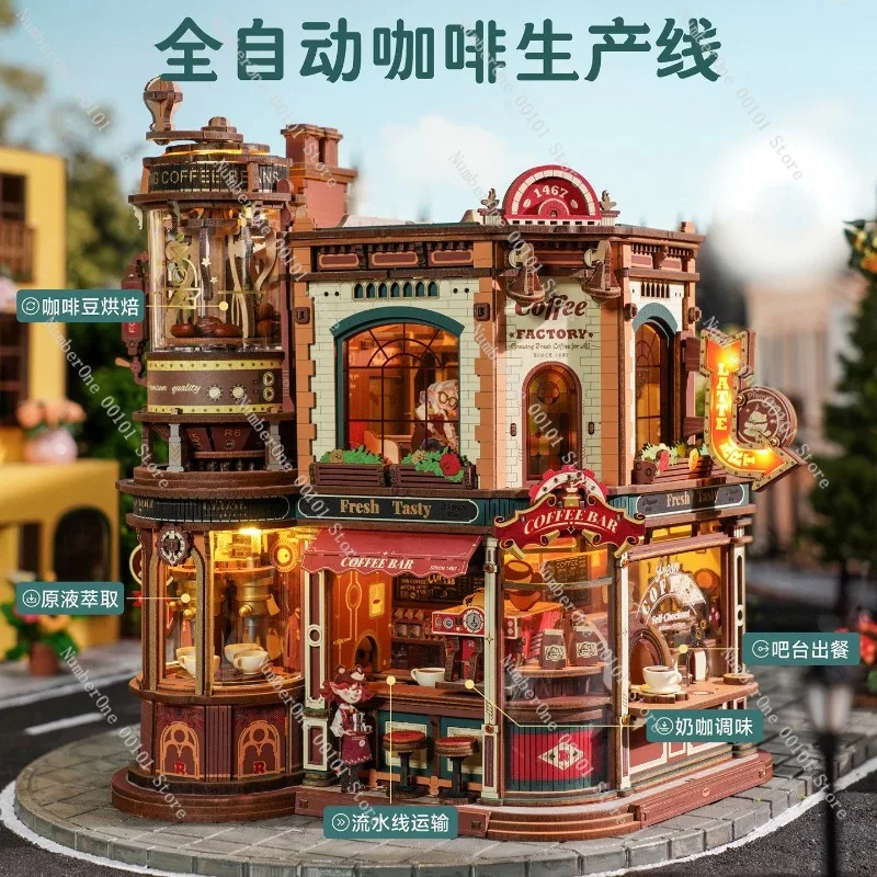 Coffee Factory 3D Wooden Music Box Puzzle Model Building Kit DIY Rotating Handmade Desk Decor Birthday Gift For Kids Children