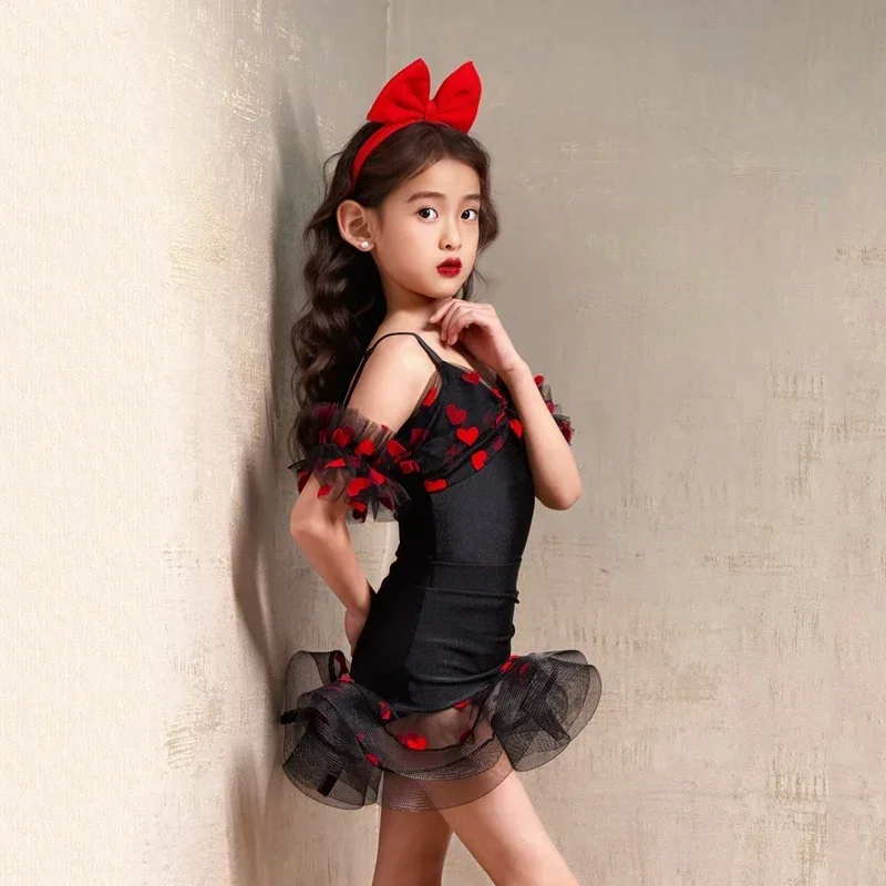 2025 Latin dansjurk voor meisjes, mouwloze latin danskleding, rok met ruches, zwart rood, Rumba, toneelvoorstelling, kostuum, feestjurk