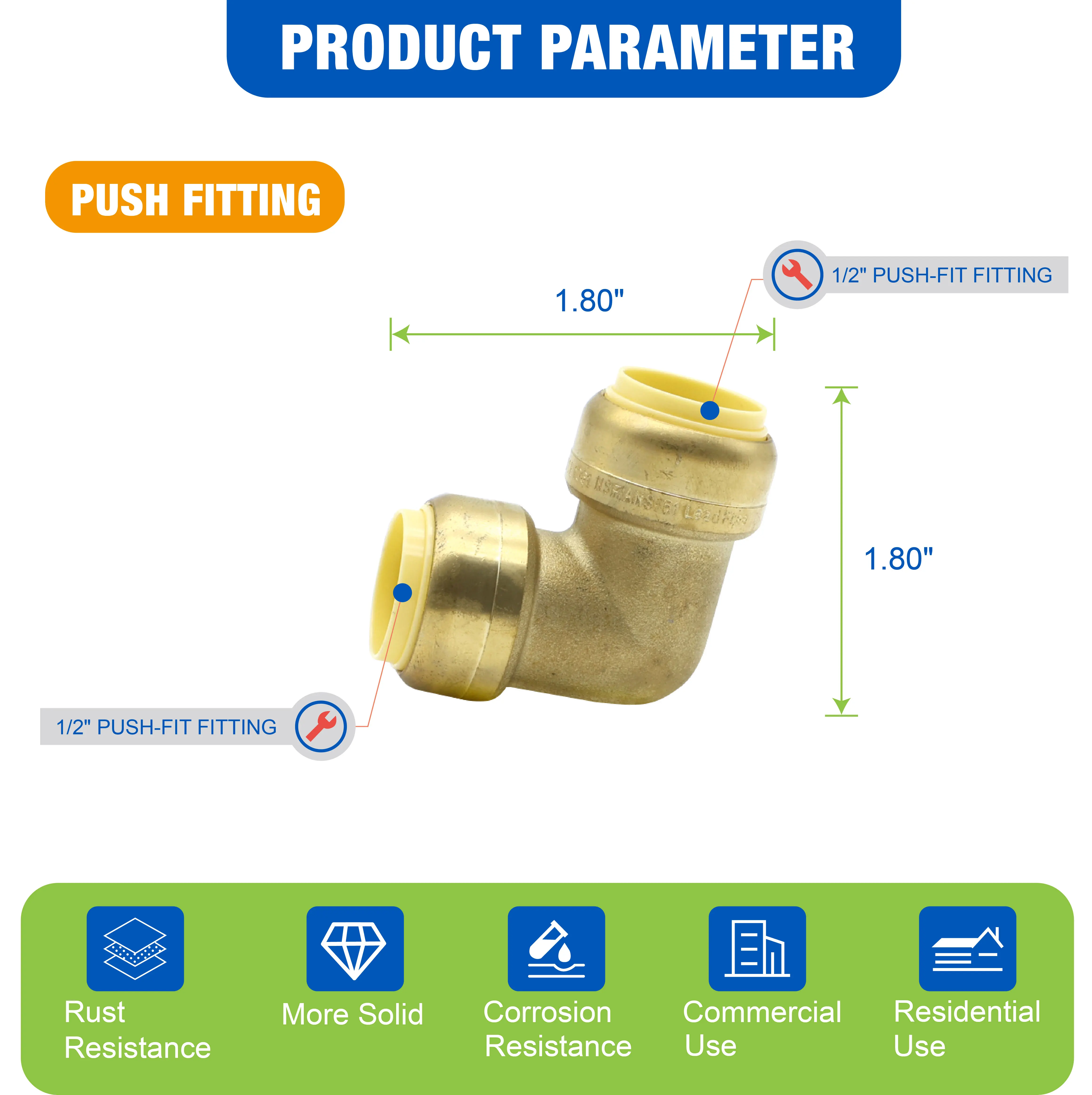 KING SMART Ajuste a presión de 1/2" * Codo de ajuste a presión de 1/2"; 8 unidades/caja; 80506