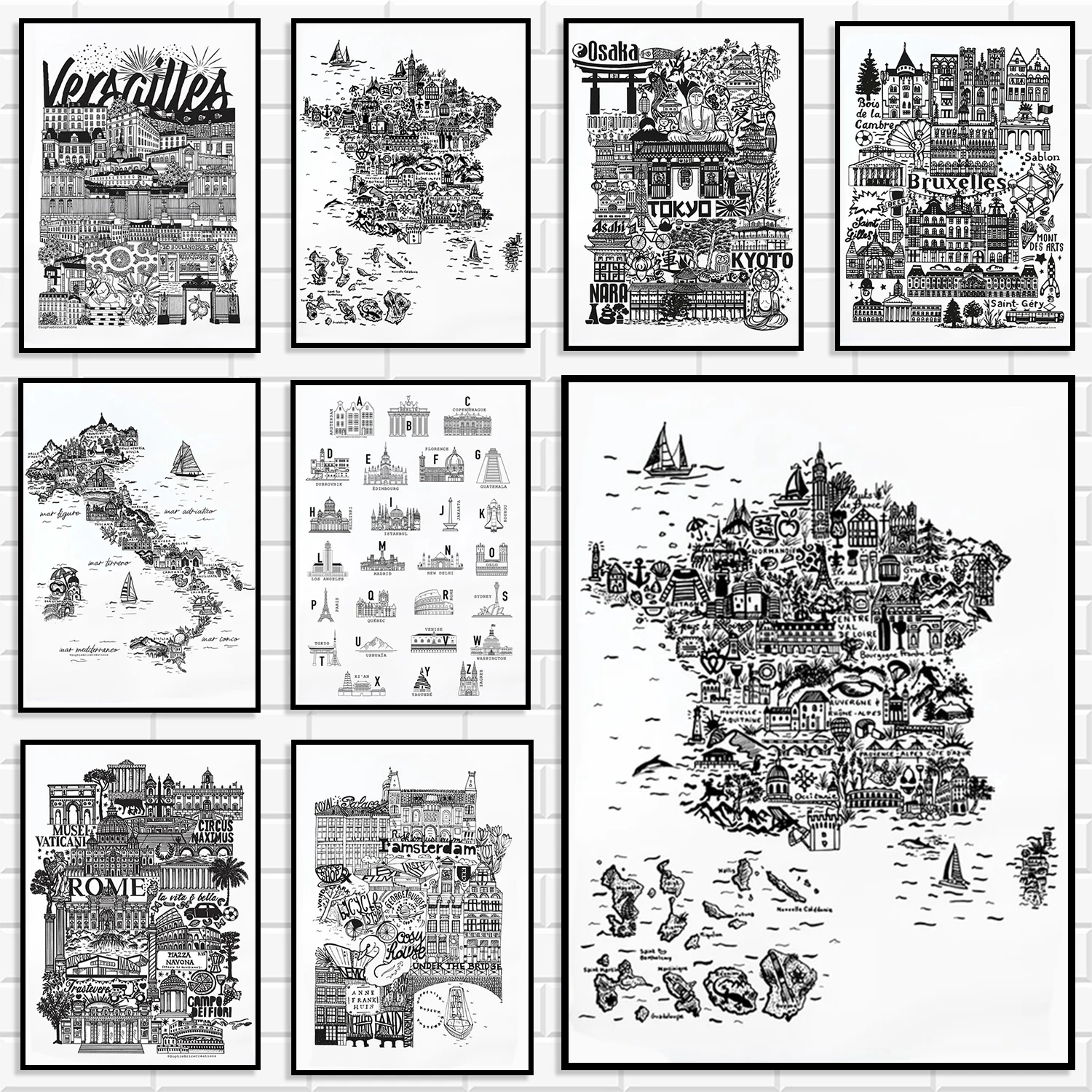 Minimalist Black White Doodle Sketch City Map Wall Poster Global Landmark Canvas Painting For Bedroom Apartment Home Decoration