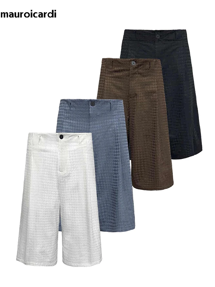 

Mauroicardi Spring Summer Loose Casual Soft Houndstooth Knee Length Shorts for Men High Waist Straight Pants Korean Clothes 2026