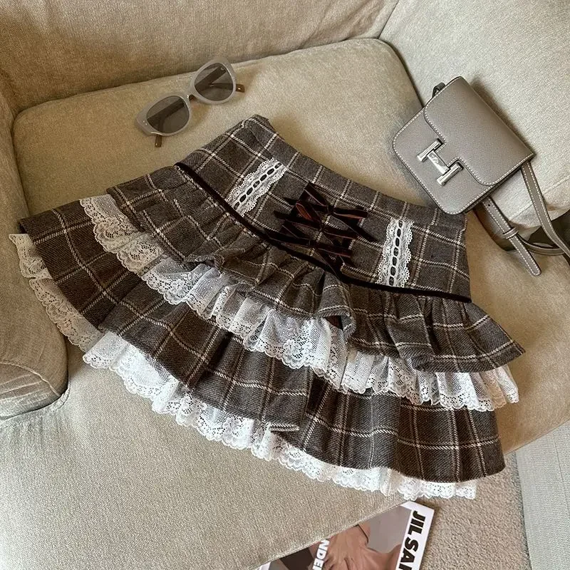 Plaid Print Y2k Hot Girl 2000s Woolen Mini Skirt Patchwork Bow Lace Up Ruffle Cake Skirts 2025 Autumn Winter High Waist Skater