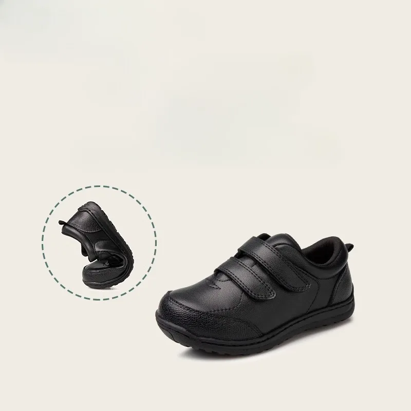 Zapatos de cuero genuino para niños, zapatos planos deportivos informales de suela blanda negros para niños pequeños, actuación escolar para bebés, fiesta para niños