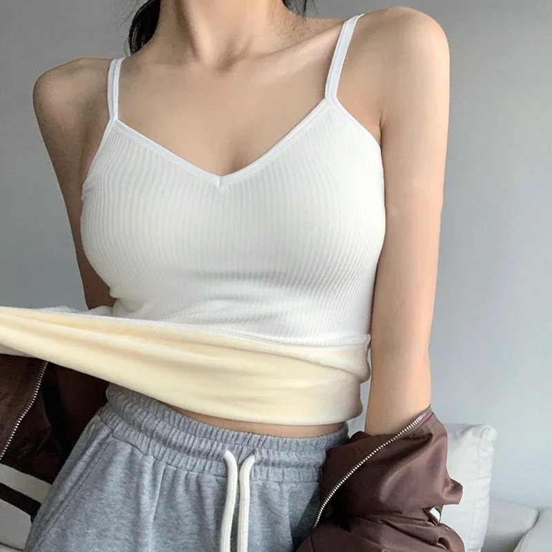 Women's Winter Bottoming Tank Top Plush Thicken Plush Camisole Autumn Solid Colour Versatile Sleeveless V Neck Slim Warm