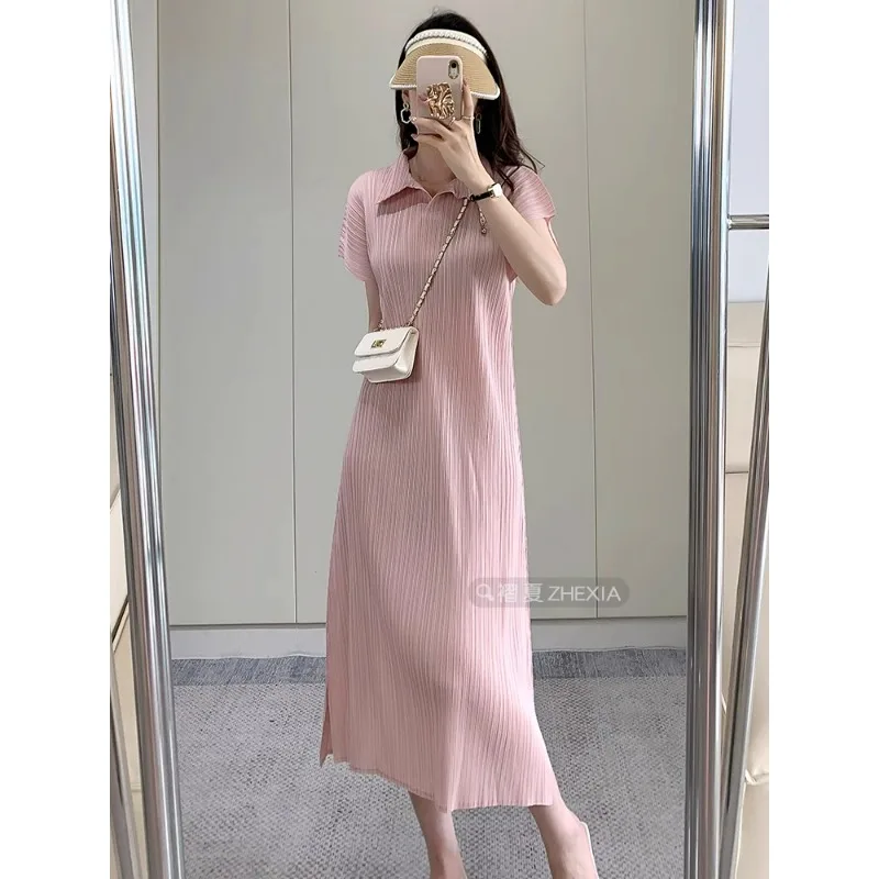 

Miyake Pleated Dress for Women 2024 New Summer Drape Feeling High-end Temperament Shirt Collar Straight Tube Short Sleeved Dress