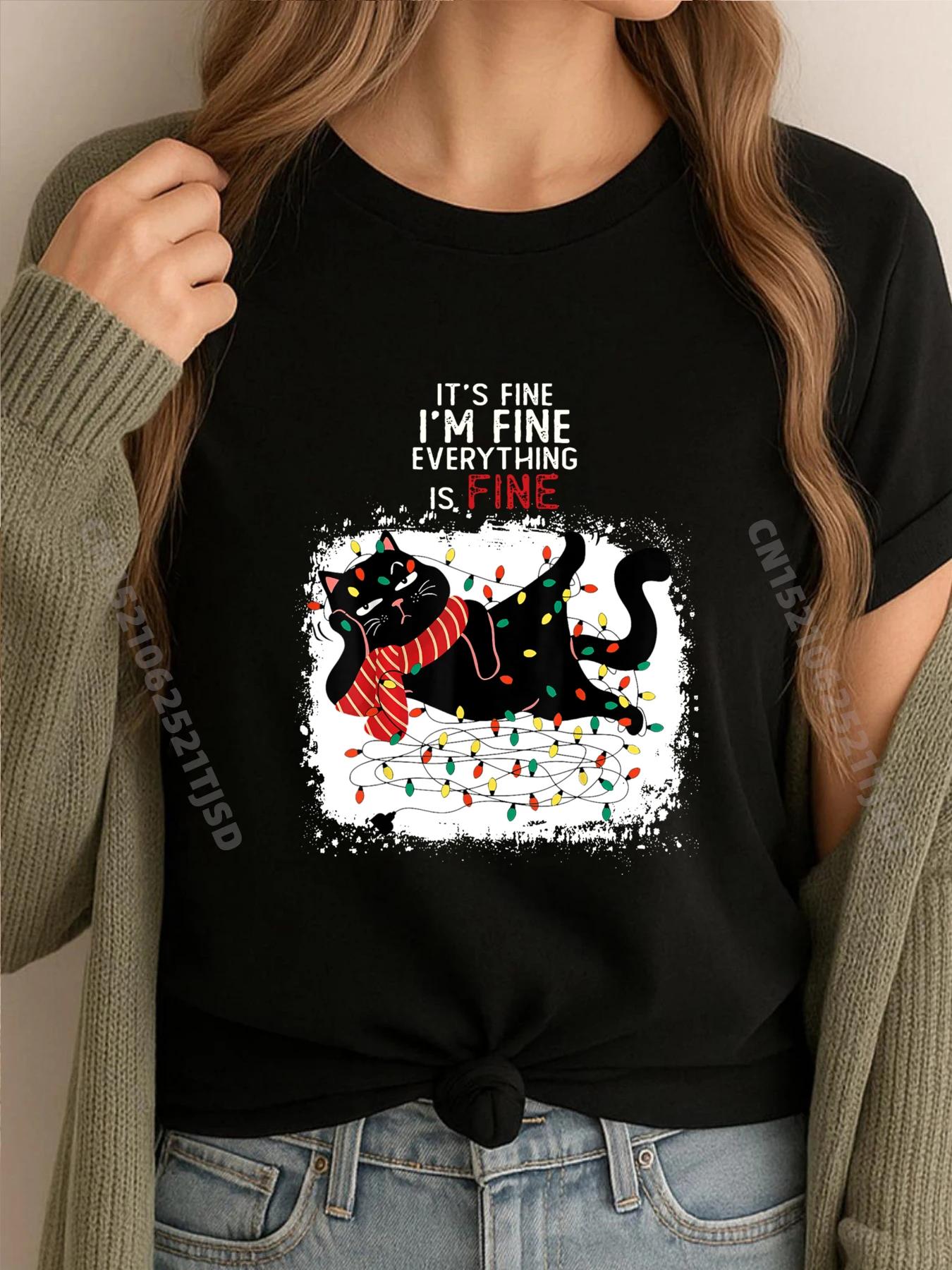 

Black Cat It Fine I M Fine Everything Is Fine Christmas Mens Clothing Plus Size Couples Comfortable Custom T Shirt Outdoor