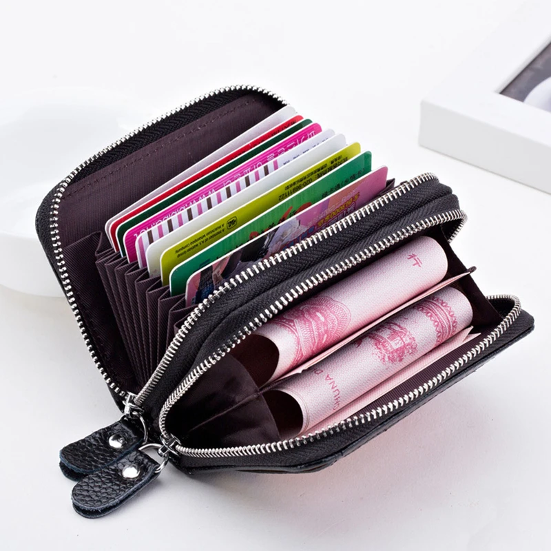 Leather Double Zipper Organ Card Holder Multifunctional Cowhide Credit Card Case Portable Large Capacity Coin Purse for Unisex