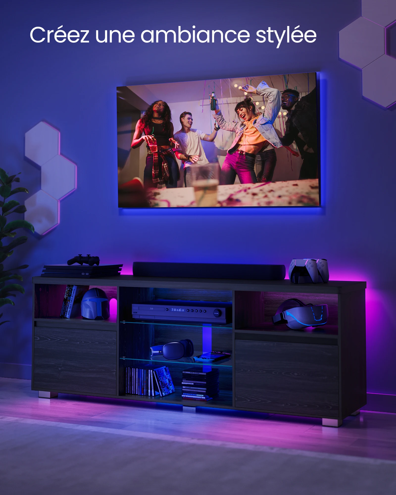 خزانة مع إضاءة LED ، حامل تلفزيون لأجهزة التلفزيون يصل إلى 70 بوصة ، أرفف مفتوحة ، خزانتين مع أبواب